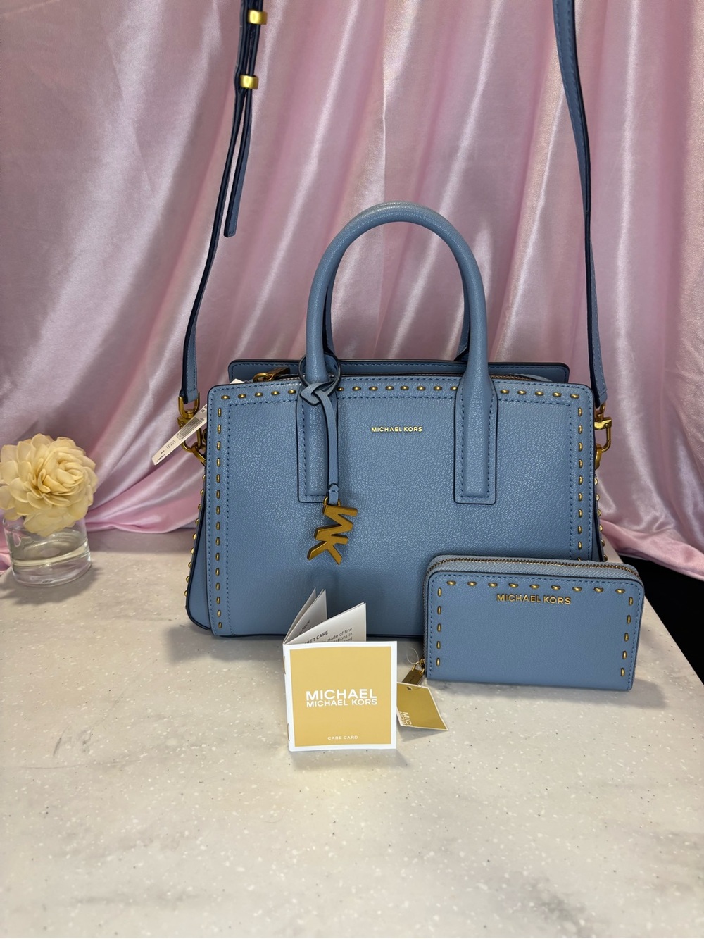 Michael Kors Sky Blue Leather Satchel with Matching Wallet and Gold Hardware